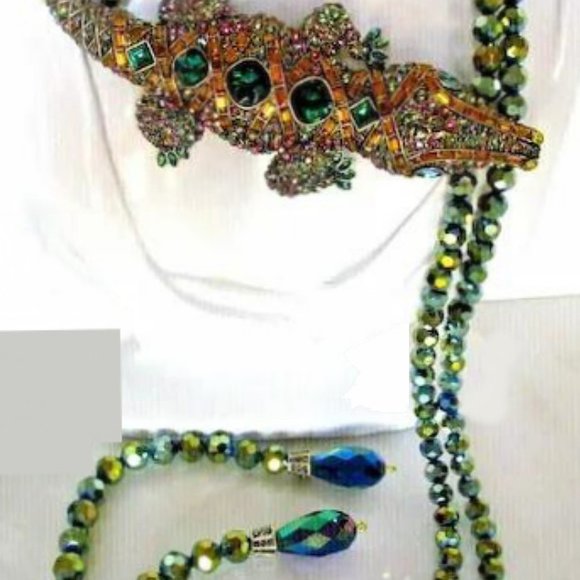 Signed Heidi Daus Alligator Rhinestone Necklace Long Glass Beads New Without Tag - Picture 3 of 5